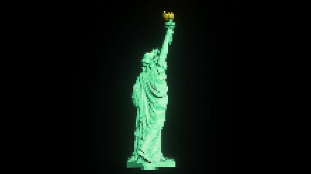 Pixel art Statue of Liberty in 8-bit retro gaming style for patriotic game assets and American themed gaming applications. Pixelated liberty monument animation for indie games.