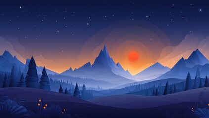 A tranquil mountain landscape at twilight, showcasing a vibrant sunset and a starry night sky.