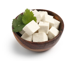 Bowl with pieces of tofu cheese isolated on white background