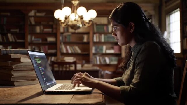 Young woman diligently coding in a vintage library setting, fostering a creative atmosphere