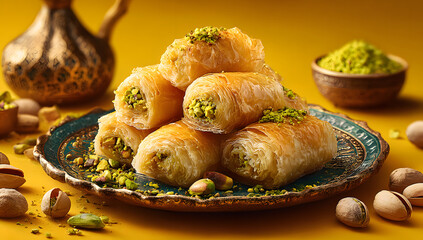 pastries filled with sweet Indian baklava and green pistachios arranged on an ornate plate against a vibrant yellow background for a celebration Eid al-Fitr