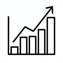 Flat black & white outline icon of a bar chart with rising arrow