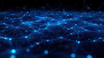 Abstract digital network of interconnected glowing blue nodes and lines on dark background representing data connections and technology