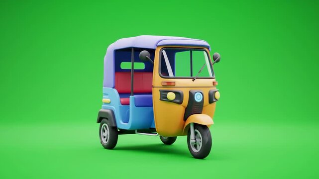 Vibrant 3D rendered auto-rickshaw on a green screen. Stylized three-wheeled transport, ideal for travel and cultural digital compositing projects
