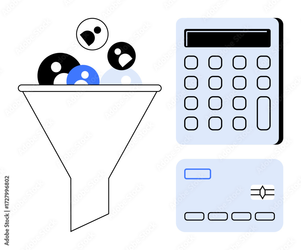 Poster funnel sorting profiles beside a calculator and a payment card, representing data analysis, budgetin