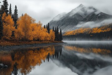 Misty autumn landscape with bright orange trees and evergreen pines reflecting on calm lake water beneath a fog-covered mountain