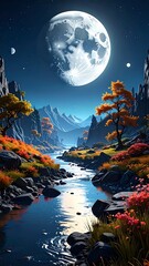 Mountain stream at night, autumn colors