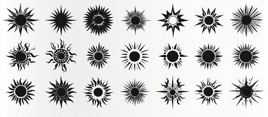 Collection of black sun icon silhouettes with various ray styles on a white background conveying diverse abstract sun designs