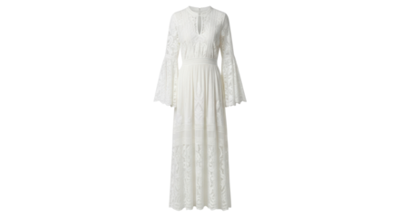 Elegant long white dress with bell sleeves isolated PNG with Transparent Background