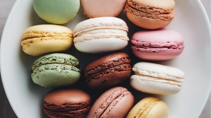 Fototapeta premium Colorful Macarons Arranged in a White Bowl on Light Wooden Table with Soft Natural Lighting for Dessert or Cafe Inspiration