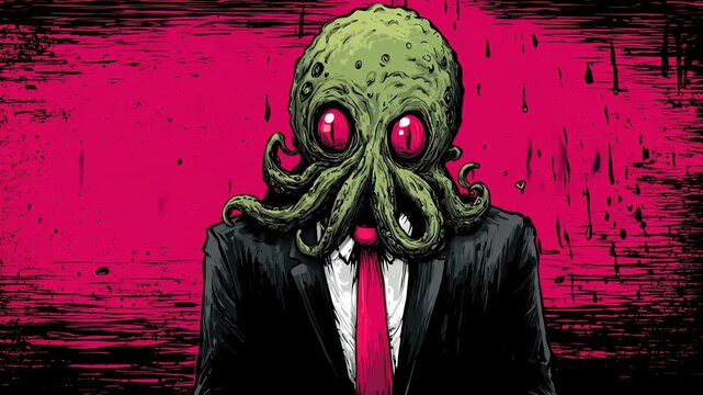 A surreal illustration depicting a tentacled creature in a suit