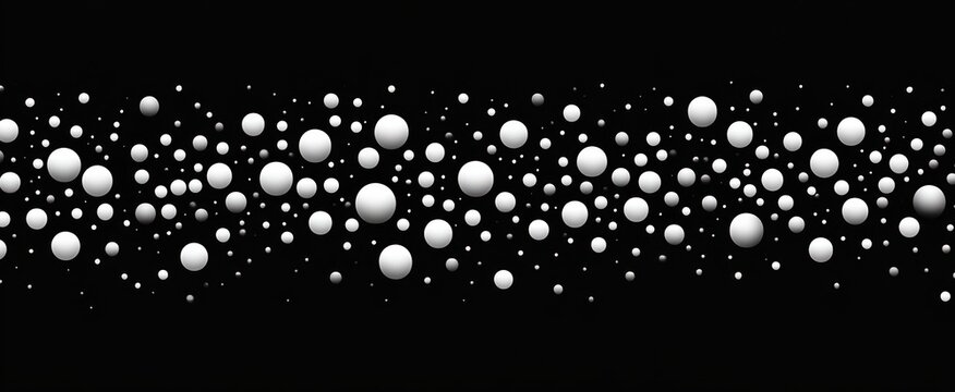 Collection of various sized white spheres scattered horizontally on a black background creating a minimalist and modern visual pattern
