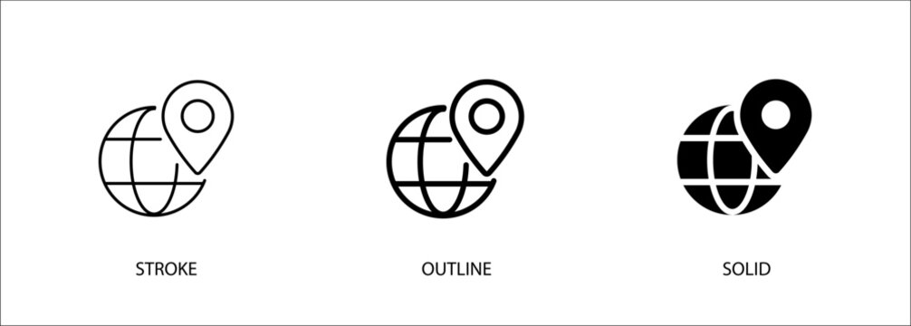 Globe icon with location for map, locator, tracking, IP address. Editable vector stroke icon, outline and solid. Eps10 file.
