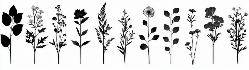 Fototapeta premium black silhouettes of eleven diverse flower and plant stems arranged in a row on a white background
