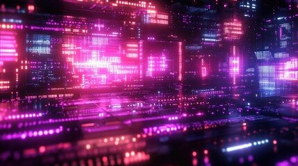 Fototapeta premium Abstract futuristic digital circuit board environment glowing with vibrant pink, purple, and blue neon lights creating a high-tech atmosphere