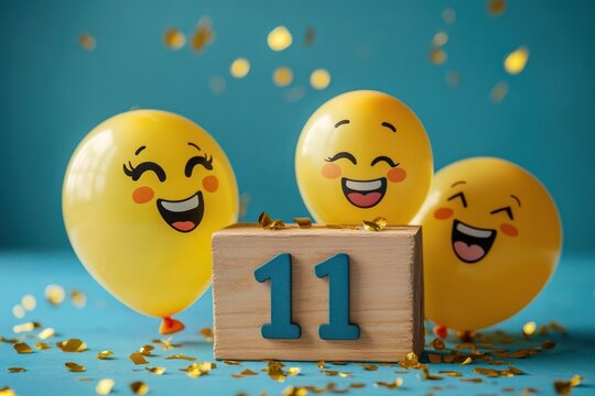 Three yellow balloons with happy emoji faces celebrating with a wooden block displaying the number eleven and golden confetti scattered on a blue surface - Powered by Adobe