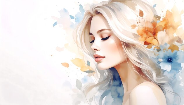 A woman with flowing blonde hair, surrounded by watercolor flowers