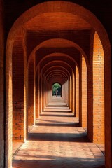 Obraz premium Long corridor with repeating brick arches creating a tunnel effect with sunlight casting shadows on the brick floor evoking depth and symmetry