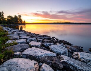Peaceful sunrise over a calm lake with rocks