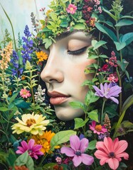 A woman's face, serene and surrounded by colorful flowers and foliage
