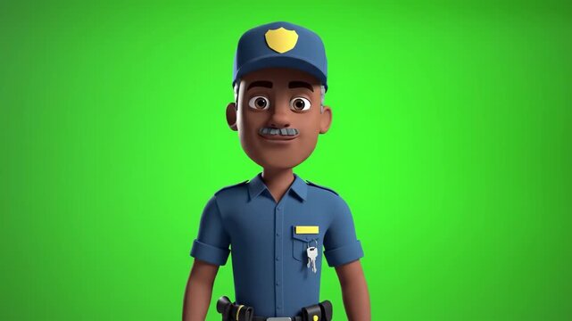 A friendly cartoon police officer stands against a vibrant green background, smiling.