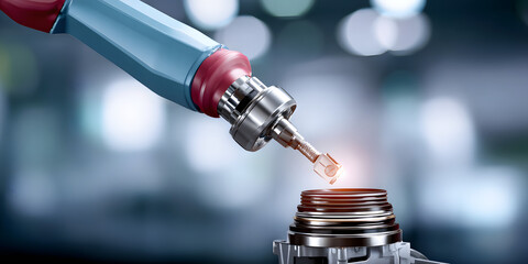 Replacement Service and Maintenance Plan. High-tech robotic arm inserting a component into a machine.