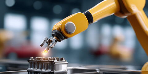 Replacement Service and Maintenance Plan. Robotic arm assembling small machine part in a factory setting.