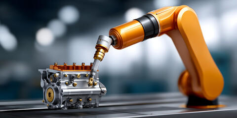 Replacement Service and Maintenance Plan. Robotic arm assembling an engine component in a modern setting.
