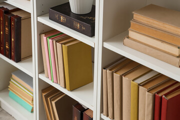 Books on shelves in room. Closeup