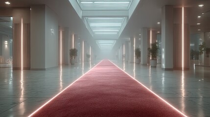 Bright White Hallway with Red Carpet and Symmetrical Architecture Under Soft Lighting