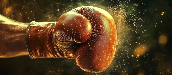 A boxing glove delivering a powerful punch with explosive particles