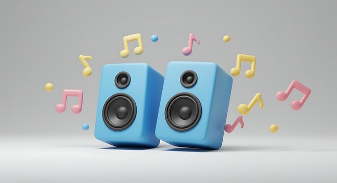 Blue speakers with musical notes yellow notes pink notes