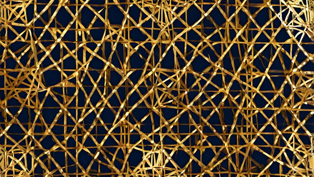 Luxurious abstract background featuring a complex web of shimmering gold lines crisscrossing over a dark navy blue canvas, creating an elegant texture