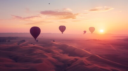 Fototapeta premium Hot air balloons over desert landscape at sunrise
