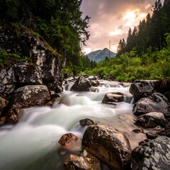 Mountain stream at sunset (1)