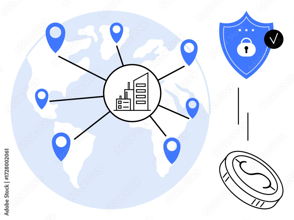 Poster worldwide map with location markers linked to a centralized building, a security shield with a lock,