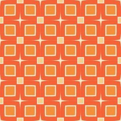 A geometric seamless pattern of orange and brown squares creates a retro tile texture for a stylish wallpaper design
