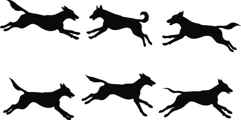 Silhouette of running dogs in motion, isolated black canine animal shapes, active pet illustration, energetic hunting dog design, vector graphicSilhouette of running dogs in motion, isolated 