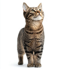 Obraz premium Curious tabby cat looking up with bright eyes and soft fur