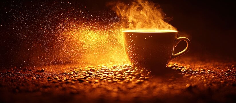 A steaming cup of coffee with beans and beautiful golden light