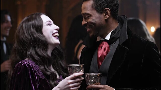 Couple dressed as vampires enjoying a drink at a party.