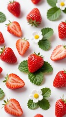 Photorealistic fresh red strawberries (some sliced), green leaves, and white flowers with yellow centers on soft white background, natural lighting, realistic texture