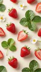 Photorealistic fresh red strawberries (some sliced), green leaves, and white flowers with yellow centers on soft white background, natural lighting, realistic texture