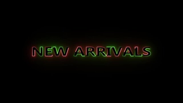 red and green color glowing neon new arrivals text animation on black background.