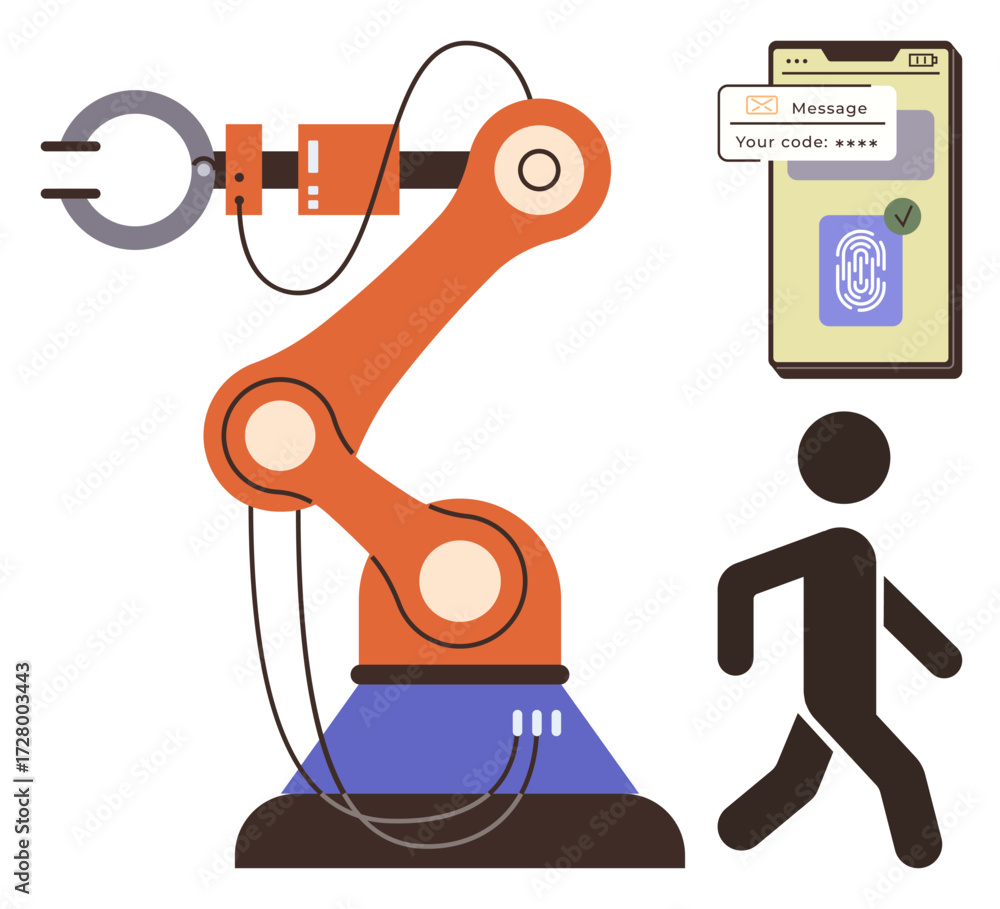 Poster robotic arm performing tasks, smartphone with security code, and walking human. ideal for automation