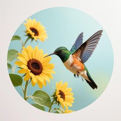 Photorealistic hummingbird with green head, orange throat, blue-black wings, and beige belly hovering near yellow sunflowers, soft pale blue-green gradient background