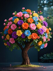 Photo-realistic vibrant floral tree with full rounded canopy of diverse real flowers in pink, orange, blue, yellow, purple, textured brown trunk, dark blue background with subtle highlights