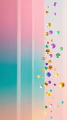 Photo-realistic abstract background with soft vertical gradients of pink, blue, teal, and yellow, featuring glossy multicolored particles in gold, orange, purple, and blue