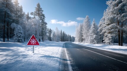 Snowy Road with Warning Sign Surrounded by Snow Covered Pine Trees Under Clear Blue Sky on a Bright Sunny Day in Winter Landscape