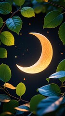 Photo-realistic crescent moon with soft orange-yellow gradient and natural green leaves under moonlit night sky with faint stars